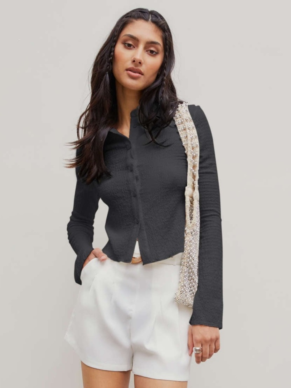 Cider Texture Button Down Ribbed Bell Sleeve Blouse Black Women's Large